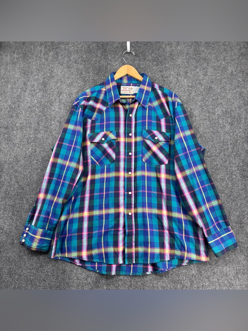 VTG Saddle King Western Retro Cowboy Colorful Plaid Pearl Snap Shirt Men’s XXL